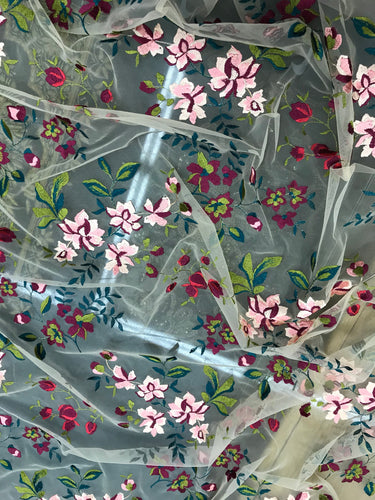 Italian designer  fabric Floral embroidery on tulle fabric.  Price for One Yard 50" wide. Usable for apparel,accessories and interior design