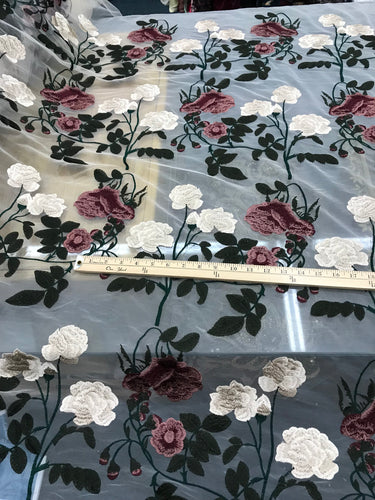 Italian designer  fabric Floral embrodery on tulle fabric.  Price for One Yard 50" wide. Usable for apparel,accessories and interior designi