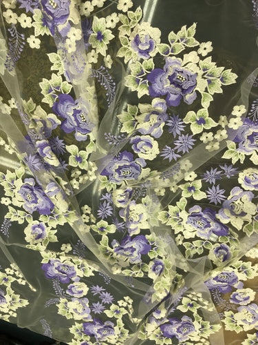Italian designer  fabric Floral embroidery on tulle fabric.  Price for One Yard 50" wide. Usable for apparel,accessories and interior design