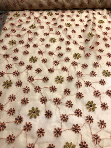 Organza floral embroidery 54" wide        Beautiful beige gold with colorful floral embroidery     Sold by the yard