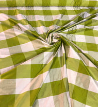 100% silk shantung plaid 54&quot; wide   Beautiful green white color     Fabric sold by the yard