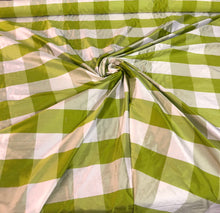 100% silk shantung plaid 54&quot; wide   Beautiful green white color     Fabric sold by the yard