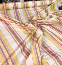 100% silk taffeta stripe 54&quot; wide    Beautiful pink yellow white color      Fabric sold by the yard