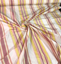 100% silk taffeta stripe 54&quot; wide    Beautiful pink yellow white color      Fabric sold by the yard