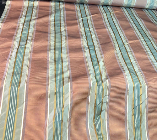 Silk taffeta satin stripe 54" wide    Beautiful aqua copper gold color     Fabric sold by the yard