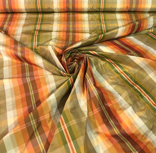 Silk taffeta plaid 54" wide     Beautiful gold orange brown colors    Fabric sold by the yard