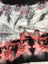 Satin charmeuse digital print 54&quot; wide      Beautiful black white red floral print    Soft silky fabric sold by the yard