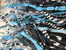 Satin charmeuse digital print 54&quot; wide    Beautiful blue black white belt design      Soft silky fabric sold by the yard