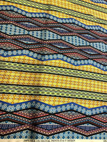 100% silk satin charmeuse digital print 54" wide     Beautiful blue yellow combination  soft silky fabric sold by the yard
