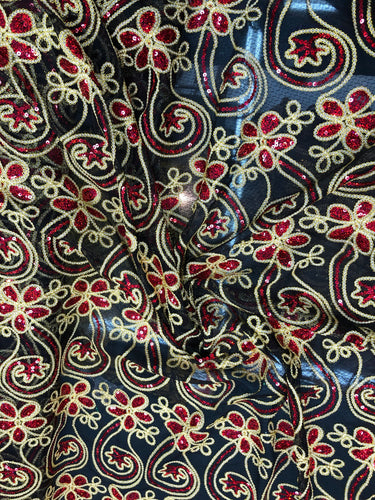 Gold red sequins cording embroidered on black mesh 52" wide     Fabric sold by the yard