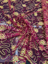 Glitter sequins corded mesh lace 50&quot; wide    Beautiful fusia mesh with gold embroidery fabric sold by the yard