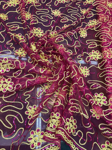 Glitter sequins corded mesh lace 50" wide    Beautiful fusia mesh with gold embroidery fabric sold by the yard