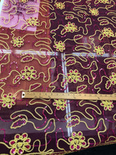 Glitter sequins corded mesh lace 50&quot; wide    Beautiful fusia mesh with gold embroidery fabric sold by the yard