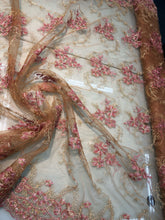 Gold mesh lace doubke side border 50&quot; wide     Beautiful gold meah woth pink embroidery   Fabric sold by the yard