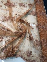 Floral Embroidered mesh 50&quot; wide    Beautiful gold mesh with brown flower embroidery   Fabric sold by the yard