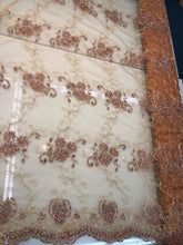 Floral Embroidered mesh 50&quot; wide    Beautiful gold mesh with brown flower embroidery   Fabric sold by the yard