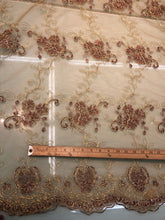 Floral Embroidered mesh 50&quot; wide    Beautiful gold mesh with brown flower embroidery   Fabric sold by the yard
