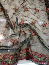 Lace embroidery 50&quot; wide    Beautiful black mesh with red gild floral embroidery      Fabric sold by the yard