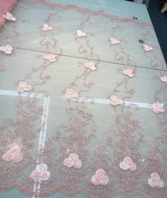 Embroidered net lace 50&quot; wide    Beautiful baby pink color embroidery on mesh   Fabric sold by the yard