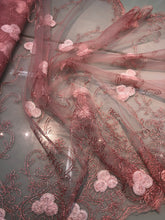 Embroidered net lace 50&quot; wide    Beautiful baby pink color embroidery on mesh   Fabric sold by the yard