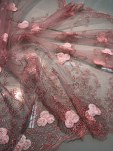 Embroidered net lace 50&quot; wide    Beautiful baby pink color embroidery on mesh   Fabric sold by the yard