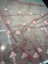 Embroidered net lace 50&quot; wide    Beautiful baby pink color embroidery on mesh   Fabric sold by the yard