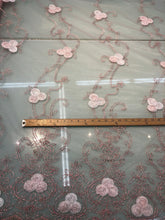 Embroidered net lace 50&quot; wide    Beautiful baby pink color embroidery on mesh   Fabric sold by the yard