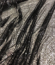 Black sequins on swirl meah fabric 52&quot; wide   Fabric sold by the yard