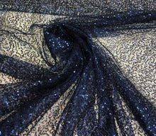 Navy blue sequins on sheer mesh fabric 52&quot; wide    Fabric sold by the yard