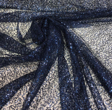 Navy blue sequins on sheer mesh fabric 52&quot; wide    Fabric sold by the yard