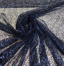 Navy blue sequins on sheer mesh fabric 52&quot; wide    Fabric sold by the yard