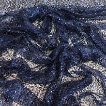 Navy blue sequins on sheer mesh fabric 52&quot; wide    Fabric sold by the yard