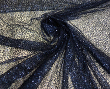 Navy blue sequins on sheer mesh fabric 52&quot; wide    Fabric sold by the yard