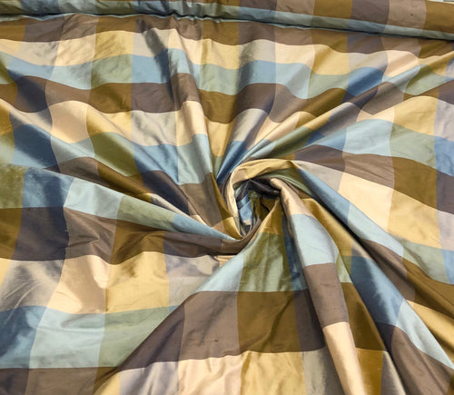 Silk dupion plaid 54" wide    Beautiful blue brown gold shades silk dupion plaid fabric sold by the yard