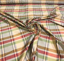 Silk taffeta plads 54&quot; wide     Sold by the yard       Beautiful wine red green gold with greyish background