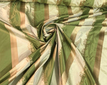 Silk taffeta 54&quot; wide    Beautiful green shades stripe silk taffeta with gold jaquard stripe silk taffeta fabric sold by the yard
