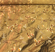 Silk shantung 54&quot; wide    Beautiful bronze color floral embroidery silk shantung fabric sold by the yard