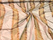 Silk taffeta 54&quot; wide   Beautiful grayish taupe rust gold stripe with ruat gold striped floral jaquard silk taffeta fabric sold by the yard
