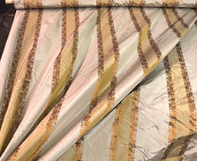 Silk taffeta 54&quot; wide   Beautiful grayish taupe rust gold stripe with ruat gold striped floral jaquard silk taffeta fabric sold by the yard