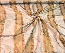 Silk taffeta 54&quot; wide   Beautiful grayish taupe rust gold stripe with ruat gold striped floral jaquard silk taffeta fabric sold by the yard