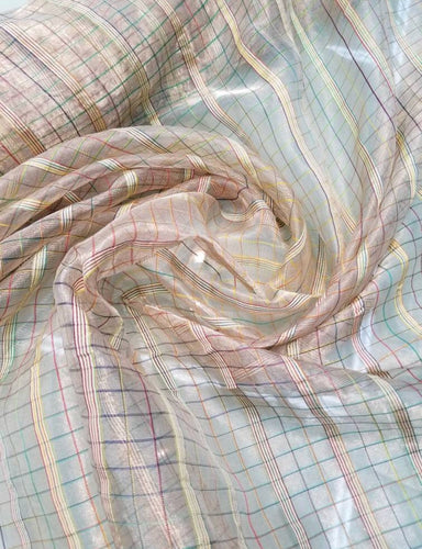 Metallic  tissue organza rainbow striped check design on gold base color  100% Silk Organza 45" wide. Usable for Apparel and interior design