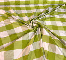 100% silk shantung plaid 54&quot; wide   Beautiful green white color     Fabric sold by the yard