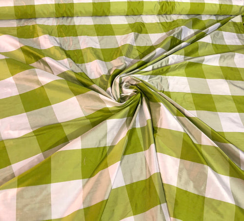 100% silk shantung plaid 54" wide   Beautiful green white color     Fabric sold by the yard