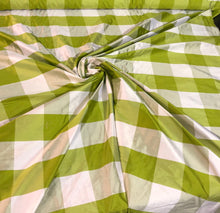 100% silk shantung plaid 54&quot; wide   Beautiful green white color     Fabric sold by the yard