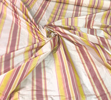100% silk taffeta stripe 54&quot; wide    Beautiful pink yellow white color      Fabric sold by the yard