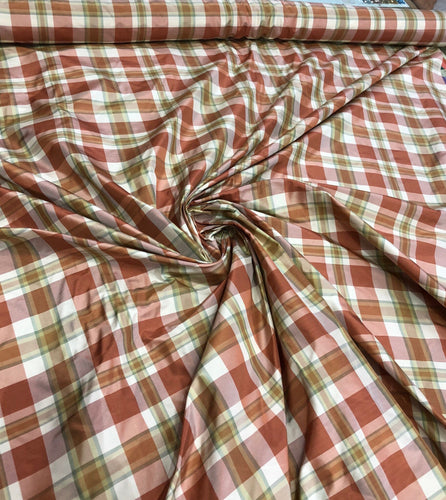 Silk taffeta plad 54" wide    Beautiful copper brown white shades      Fabric sold by the yard