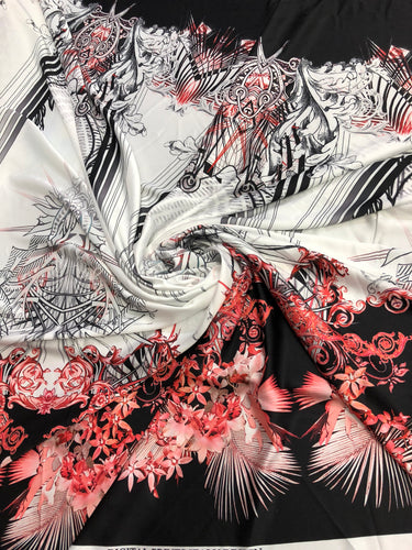 Satin charmeuse digital print 54" wide      Beautiful black white red floral print    Soft silky fabric sold by the yard