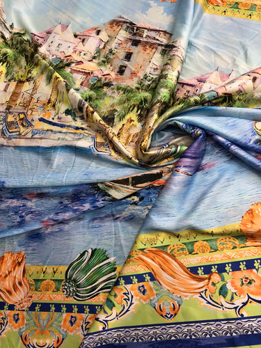 Satin charmeuse digital print 54" wide       Beautiful lanscape design      Soft silky fabric sold by the yard