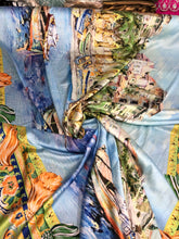 Satin charmeuse digital print 54&quot; wide       Beautiful lanscape design      Soft silky fabric sold by the yard