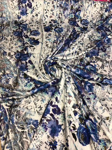 Satin charmeuse digital print 54" wide     Beautiful blue shades floral print     Soft silky fabric sold by the yard